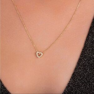 14K White Gold Diamond Open Heart Necklace, Dainty Diamond Heart Necklace